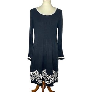 London Times Dress Womens‎ Large Black White Rose Ribbed Knit Sweater Acrylic